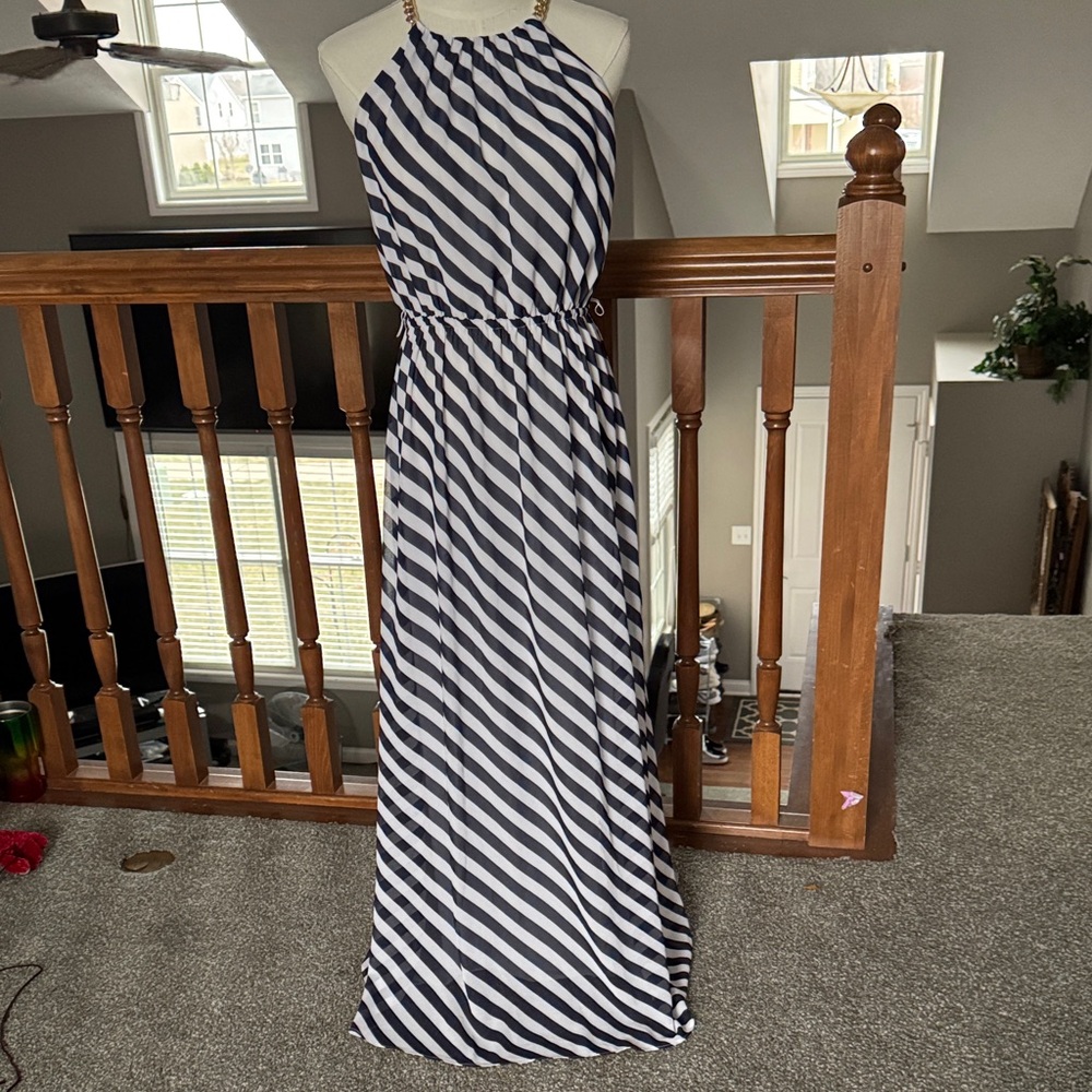 Michael, Michael Kors Striped Halter Maxi Dress Navy and White size S